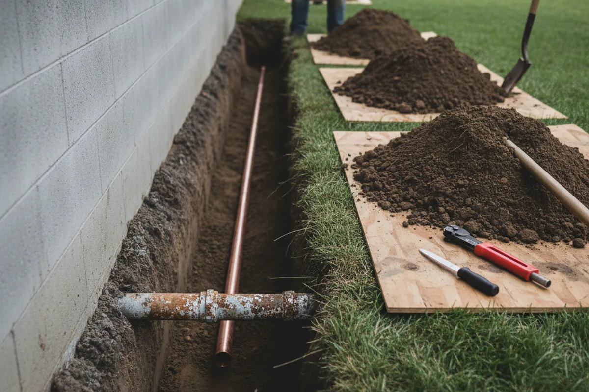Excavated water line trench during Water Softener Installation in Merrick